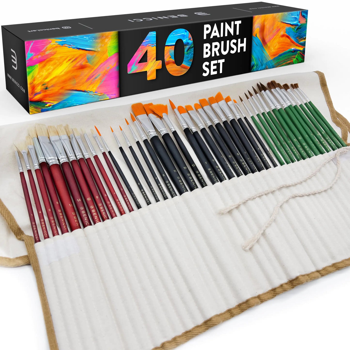 Easy Grip 40 Piece Artist Paint Brush Set with Storage Case - Includes Round and Flat Art Brushes with Hog, Pony, and Nylon Hair Bristles