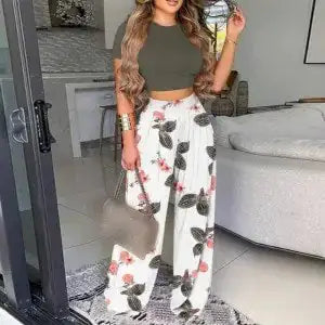 Two Piece Sets Elegant Print Short Sleeve Shirt Pullover + Wide Leg Pants Suits