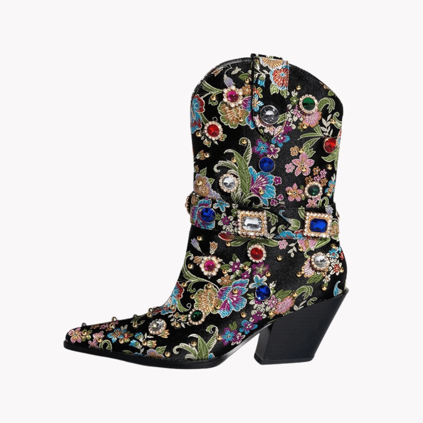 Gemstones Embellished Floral Ankle Boots