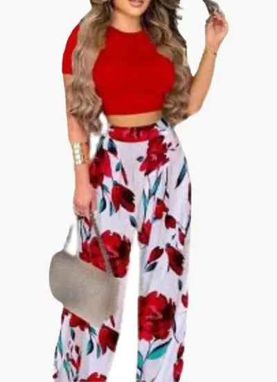 Two Piece Sets Elegant Print Short Sleeve Shirt Pullover + Wide Leg Pants Suits