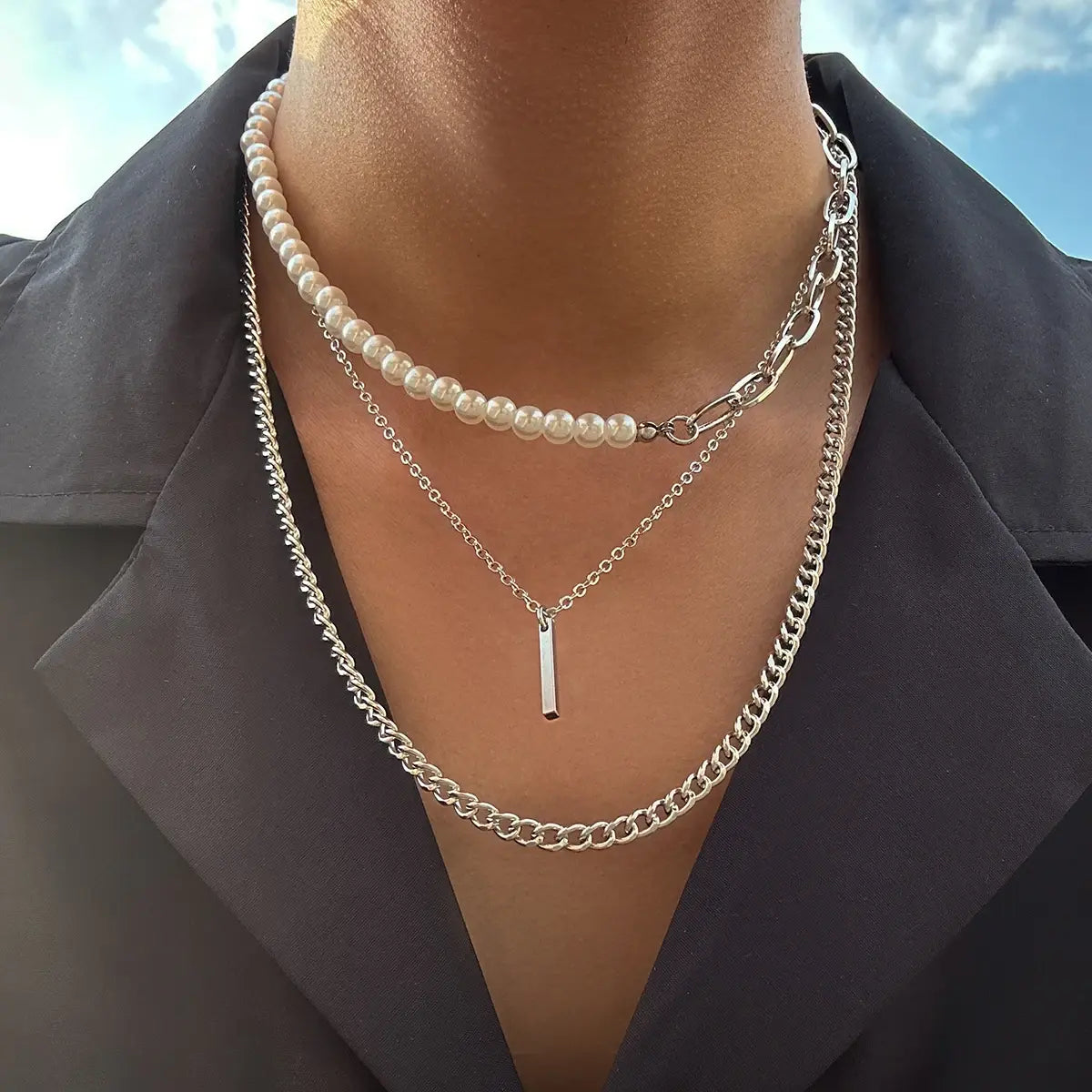 Ancient Geometric Pendant Necklace for Men with Half-Pearl Chain Choker